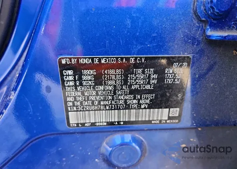 2020 Honda Hr-V Exl z USA, uszkodzony, nr VIN 3CZRU6H78LM731707